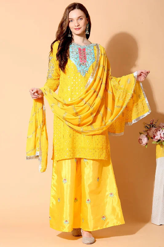 Faux Georgette Embroidered Suit Set Dress Material In Yellow