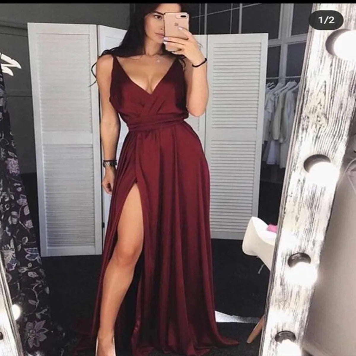 Sexy Burgundy Deep V-neck Side Split Prom Dress