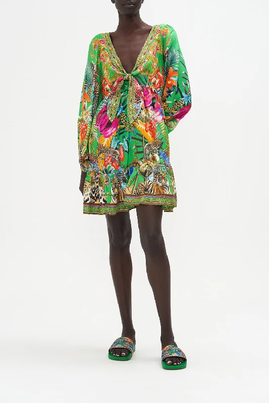 SHORT TIE FRONT BLOUSON DRESS CURIOUS AND CURIOUSER
