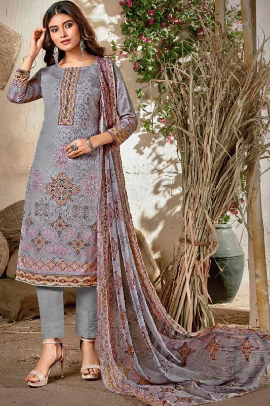 Blended Cotton Floral Print Suit Set Dress Material In Lavender