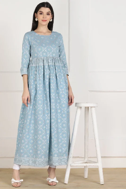 Blended Cotton Foil Print Dress In Sky Blue