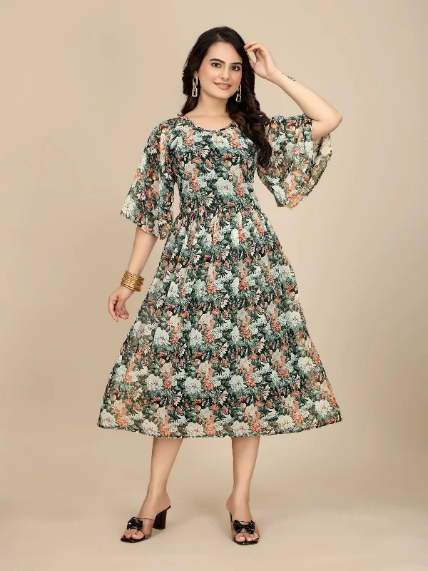 Odette Black Georgette Printed Dress For Women