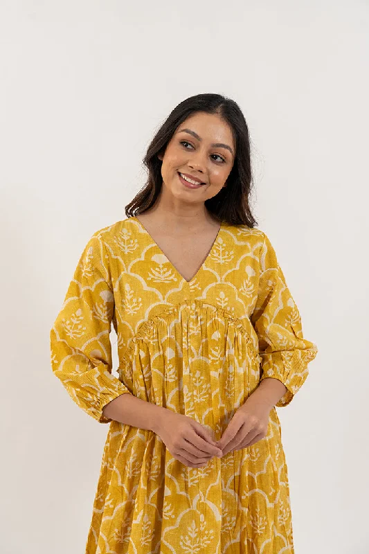 Cotton Hand Block Printed Dress - Yellow