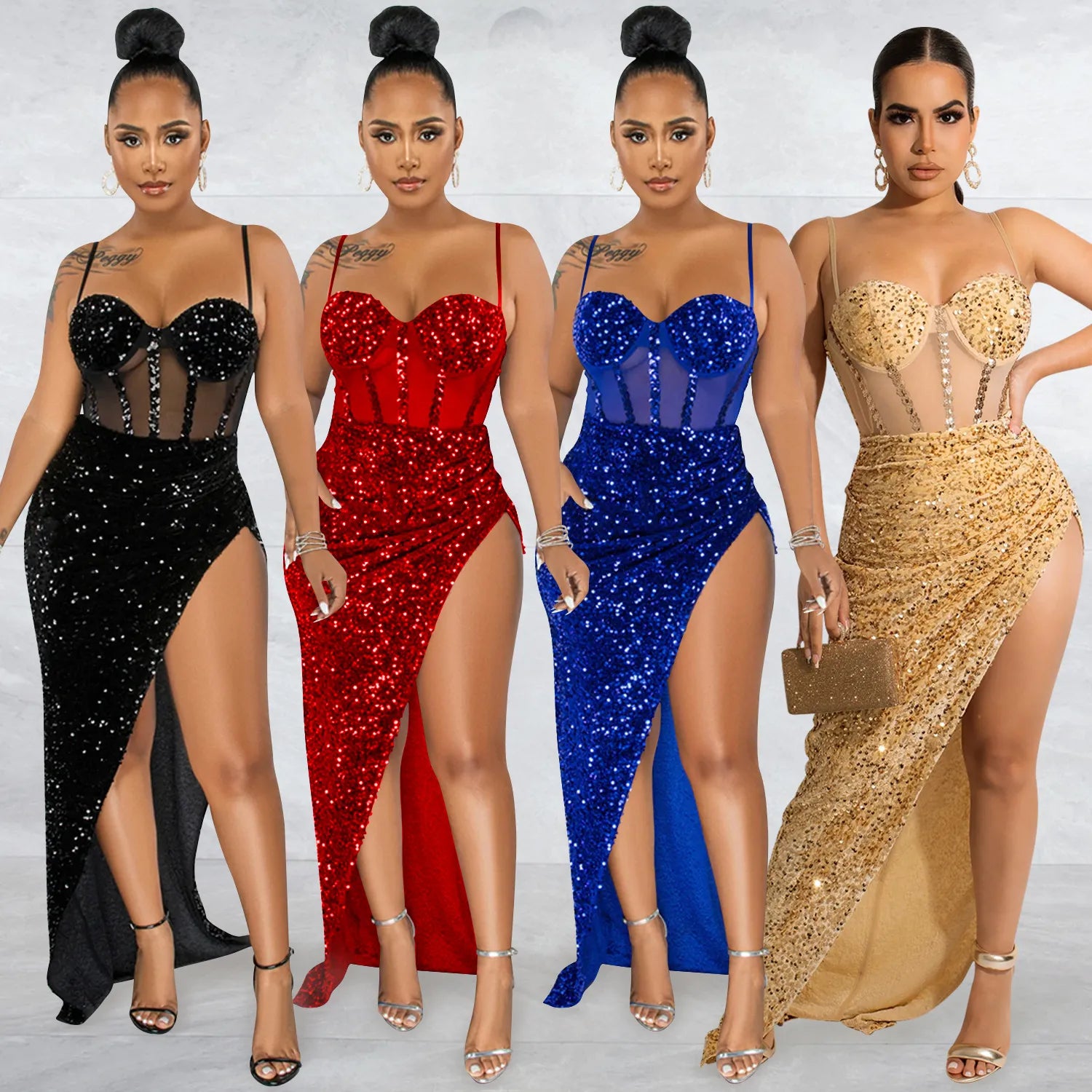 Women Mesh Patchwork High Side Split Sequin Bodycon Midi Backless Maxi Long Dress Sexy Night Party Spaghetti Strap Dress Women Mesh Patchwork High Side Split Sequin Bodycon Midi Backless Maxi Long Dress Sexy Night Party Spaghetti Strap Dress