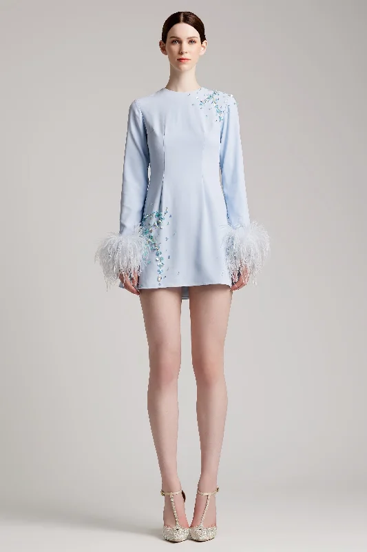 Orstich Feathers Sequin Bell Sleeve Dress  in Baby Blue