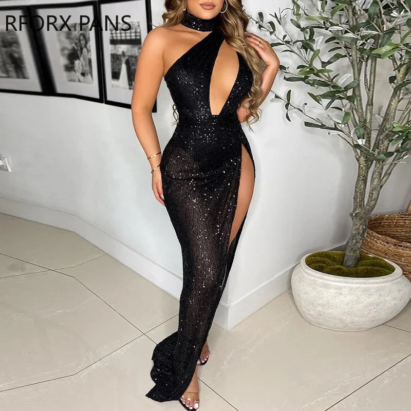 Women Solid Halter Cold Shoulder Sequins High Silt Asymmetrical Bodycon Sexy Maxi Party Black Dress Women Solid Halter Cold Shoulder Sequins High Silt Asymmetrical Bodycon Sexy Maxi Party Black Dress
