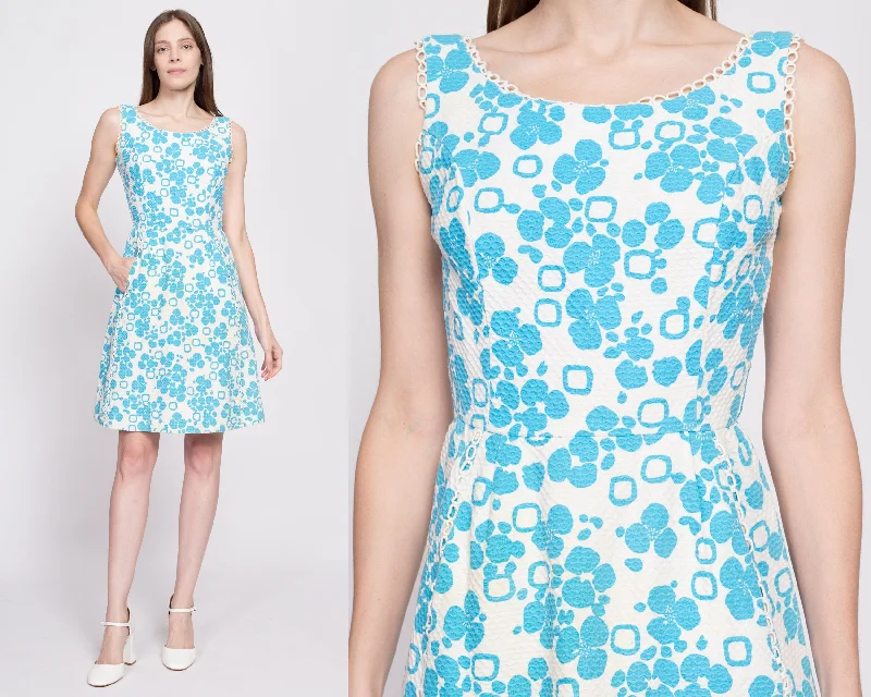 60s Blue & White Floral A Line Dress, As Is - Extra Small