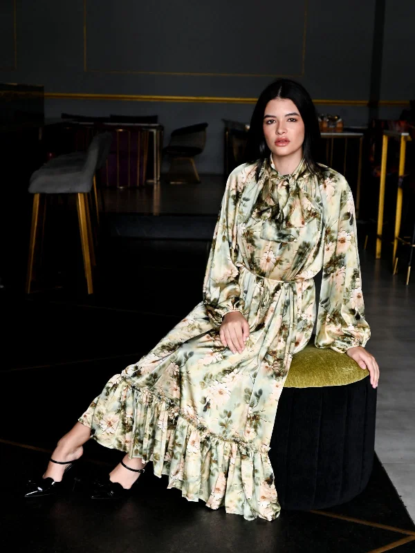Odette Green Satin Printed Long Dress For Women