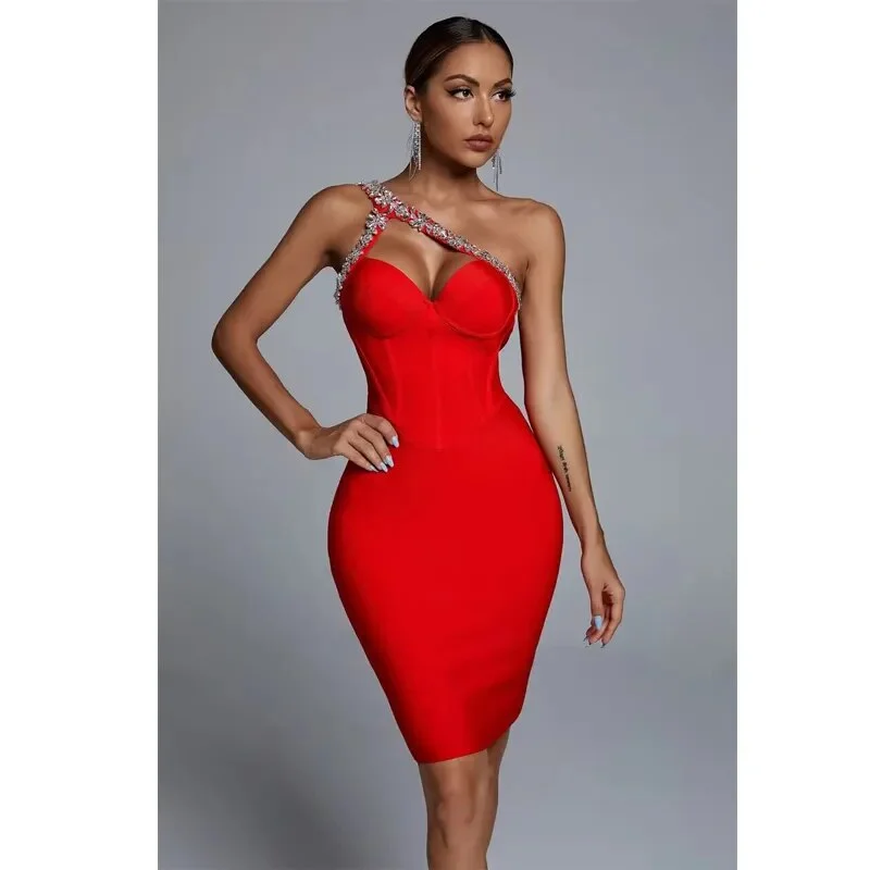 Summer Sleeveless Backless Diamond One Shoulder Diamond Mini Bandage Bodycon Celebrity Nightclub Party Women's Sling Dresses Summer Sleeveless Backless Diamond One Shoulder Diamond Mini Bandage Bodycon Celebrity Nightclub Party Women's Sling Dresses