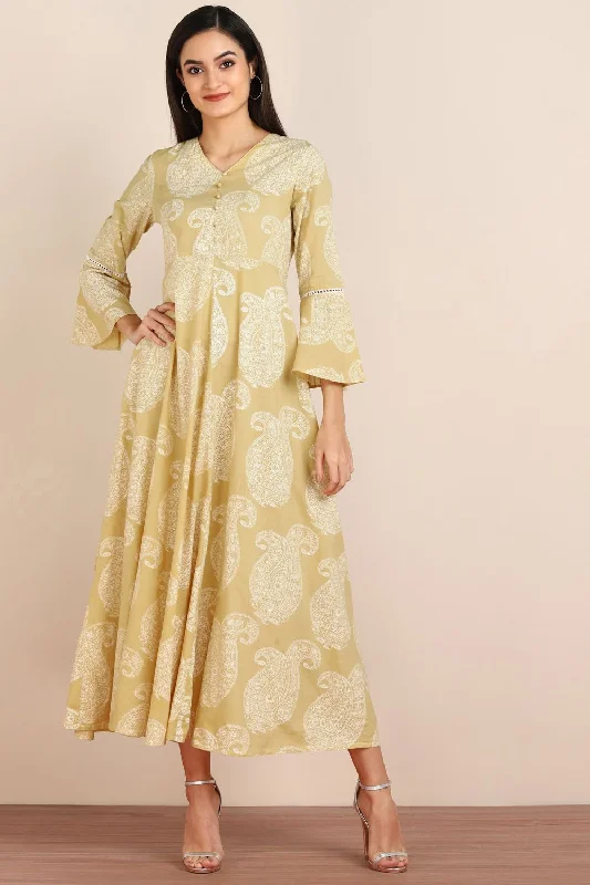 Blended Cotton Paisley Print Dress In Yellow
