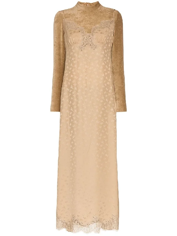 high neck lace velvet silk blend dress