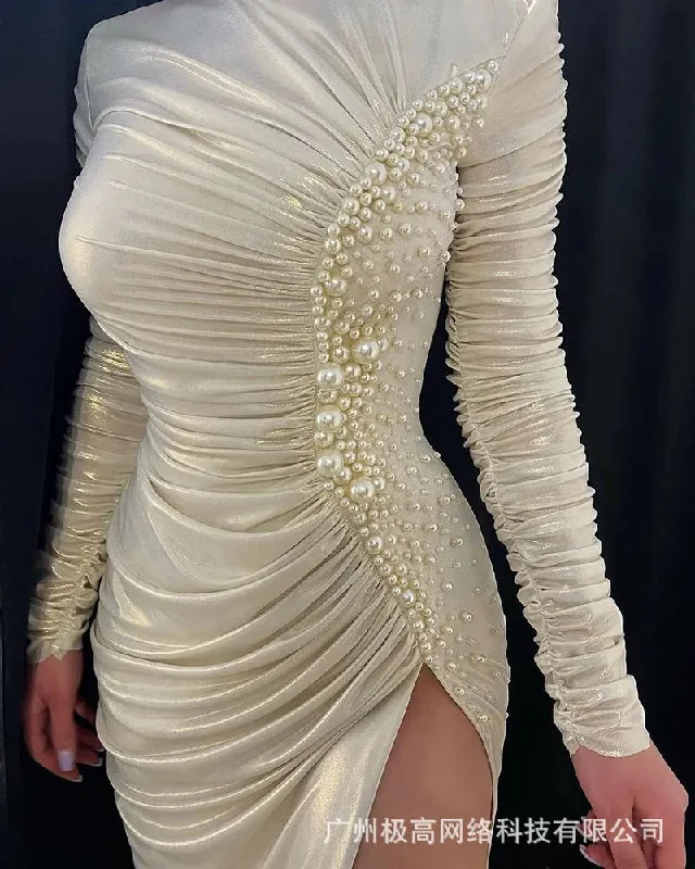 Women Dress Pleated Long Sleeve Champagne Side Split Pearl Bubble Beads Elegant Spring Summer Temperament Slim High Waist Dress Women Dress Pleated Long Sleeve Champagne Side Split Pearl Bubble Beads Elegant Spring Summer Temperament Slim High Waist Dress