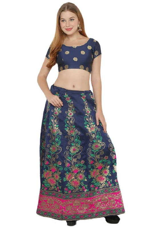 Art Silk Foil Print Lehenga Choli Dress Material In Navy Blue And Pink