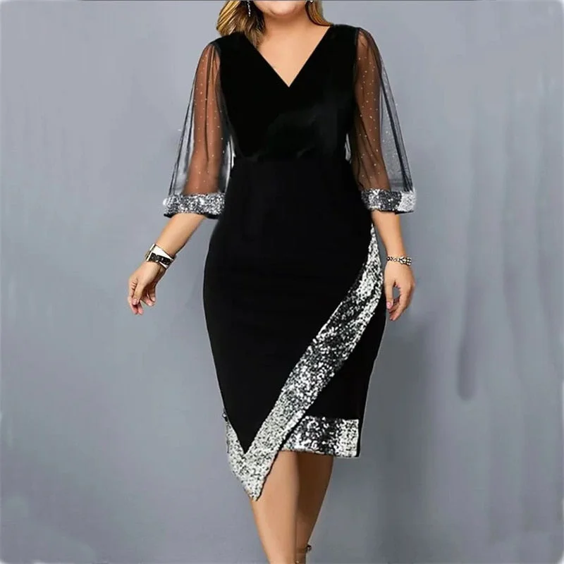 Women's Dress Sequin Mesh Long Sleeve Asymmetrical Hem Formal Occasion Dress Elegant Slim Fit V-Neck Luxury Summer Skinny 2023 Women's Dress Sequin Mesh Long Sleeve Asymmetrical Hem Formal Occasion Dress Elegant Slim Fit V-Neck Luxury Summer Skinny 2023