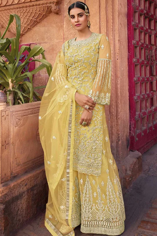 Net Embroidered Sharara Dress Material In Yellow