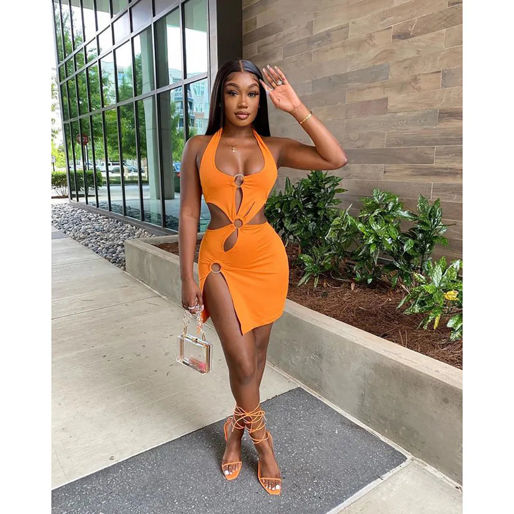 2023 Summer New Halter Dresses Sexy Slim Women's Dress Sleeveless Backless High Split Elegant Dres Party Club Hollow Mini Skirt 2023 Summer New Halter Dresses Sexy Slim Women's Dress Sleeveless Backless High Split Elegant Dres Party Club Hollow Mini Skirt