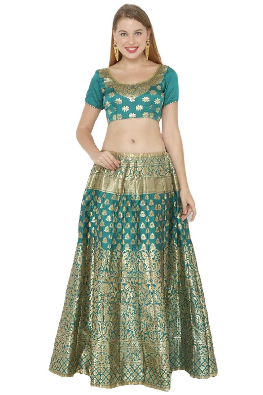 Art Silk Foil Print Lehenga Choli Dress Material In Turquoise And Gold
