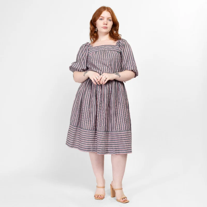 Large 70s 80s Boho Grey Striped Puff Sleeve Fit & Flare Dress