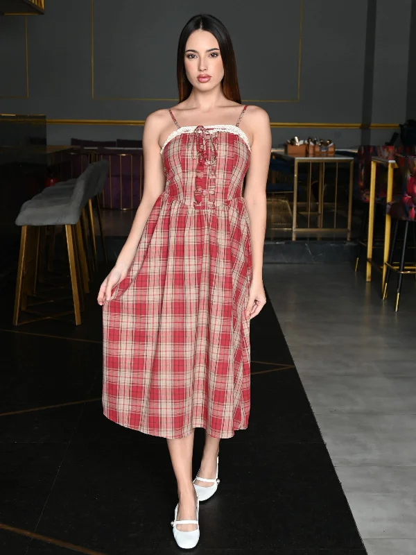 Odette Red Cotton Checked Dress For Women