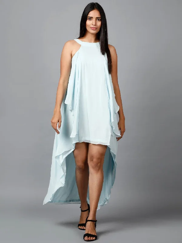 Women's Halter Neck Ruffle Drape Georgette Party/ Evening Dress in Light Blue