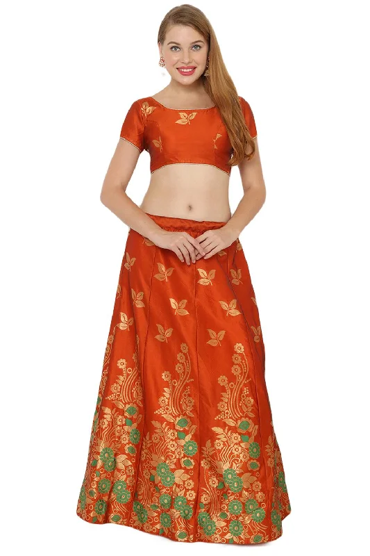 Art Silk Foil Print Lehenga Choli Dress Material In Orange And Green