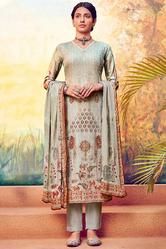 Pure Muslin Embroidered Suit Set Dress Material In Grey