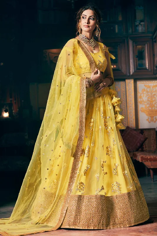 Net Embroidered Lehenga Choli Dress Material In Yellow