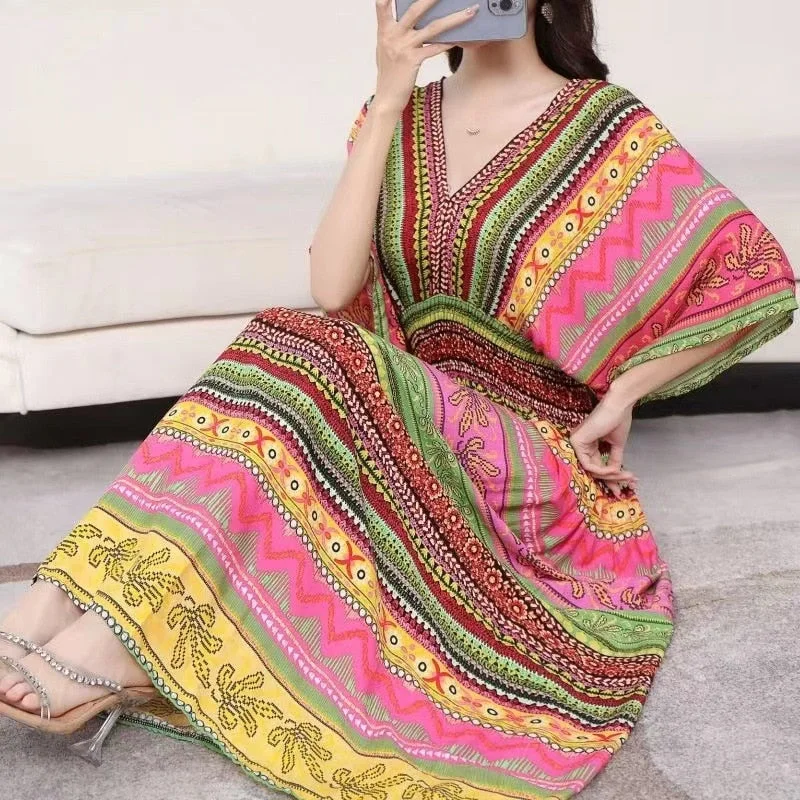 Summer Poplin Dresses Women Round Neck Puff Short Sleeve A Line Print Dresses Ethnic Style Tight High Waist Long Dress 2023