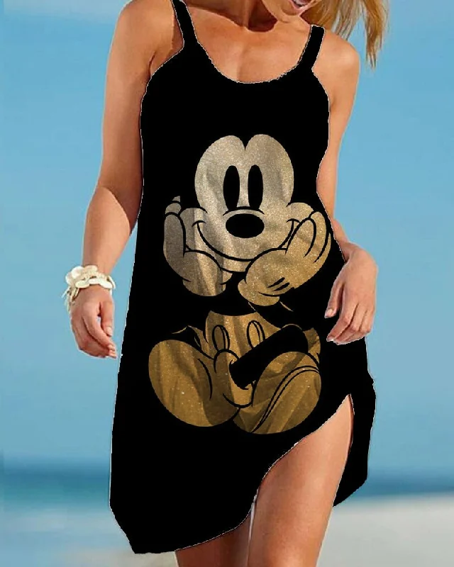 Sexy 2022 Summer Mickey and Minnie Women Fashion Sling Print Dress Disney  Beach Dress