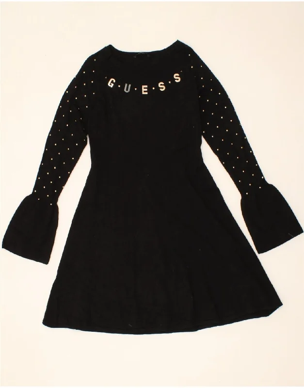 GUESS Womens Graphic Long Sleeve Jumper Dress UK 14 Medium Black Viscose