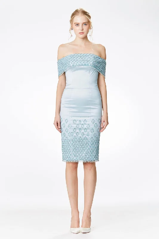 Hand Embroidered Tulle On Silk Satin Off Shoulder Knee Length Dress