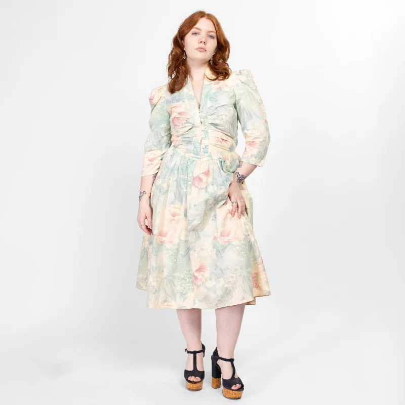 Large 80s Romantic Pastel Floral Fit & Flare Dress