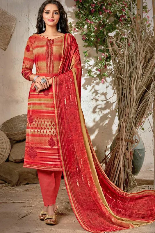Blended Cotton Abstract Print Suit Set Dress Material In Red
