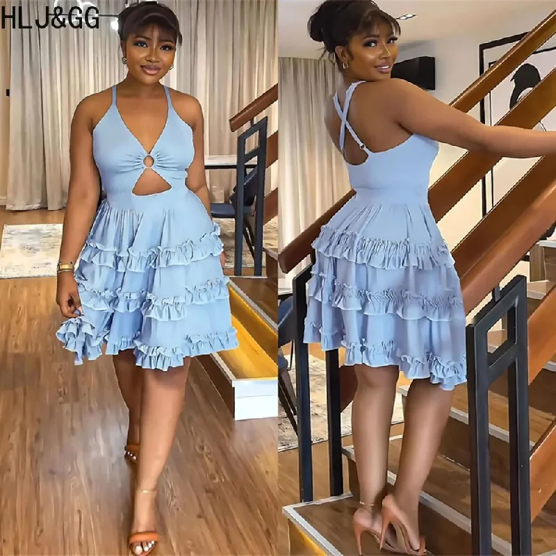 HLJ&GG Summer Solid Color Ruffles Elegant Dresses Women Halter Off Shoulder Aline Knee Dress Fashion Female Party Club Clothing HLJ&GG Summer Solid Color Ruffles Elegant Dresses Women Halter Off Shoulder Aline Knee Dress Fashion Female Party Club Clothing