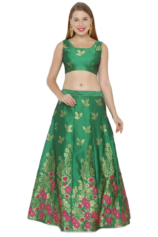 Art Silk Foil Print Lehenga Choli Dress Material In Green And Pink