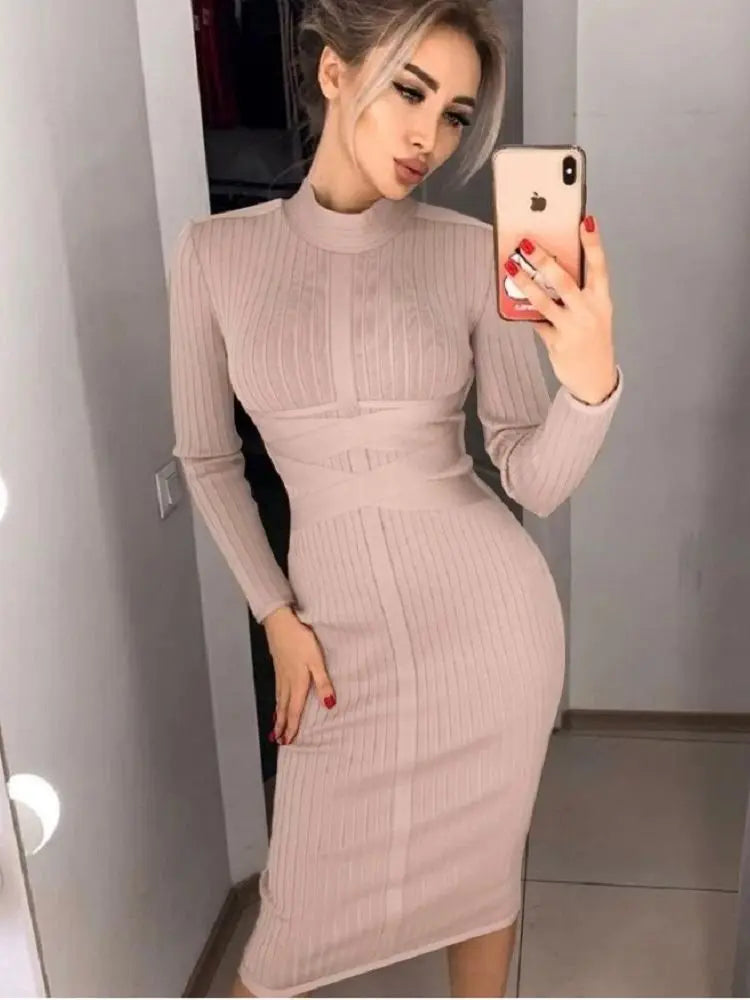 BEAUKEY Vintage Strips High Neck Long Sleeves Bandage Dress Women Party XL Khaki Cross Tight Dress Bodycon Office Lady Vestidos BEAUKEY Vintage Strips High Neck Long Sleeves Bandage Dress Women Party XL Khaki Cross Tight Dress Bodycon Office Lady Vestidos