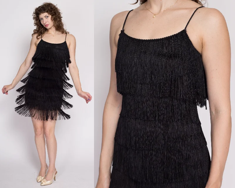 90s Black Fringe Flapper Dress - XS to Small