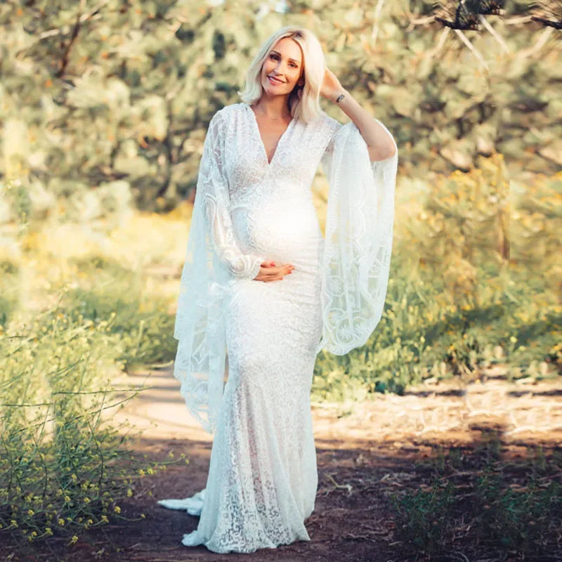 Flare Sleeve Lace Pregnancy Dresses Photoshoots Pregnant Session Photos V Neck Sexy Bodycon Floor Length White Maxi Long Dress Flare Sleeve Lace Pregnancy Dresses Photoshoots Pregnant Session Photos V Neck Sexy Bodycon Floor Length White Maxi Long Dress