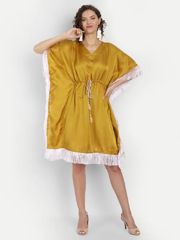 Mustard Modal Silk Kaftan Dress with Fringes
