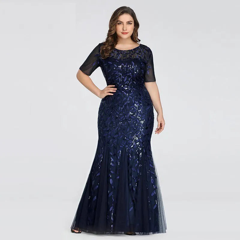2023 Plus Size Sequin Mesh Mermaid Slim Evening Dress Beaded Leaves Pattern Formal Women Elegant Party Prom Gowns Short Sleeve 2023 Plus Size Sequin Mesh Mermaid Slim Evening Dress Beaded Leaves Pattern Formal Women Elegant Party Prom Gowns Short Sleeve