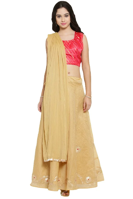Banarasi Art Silk Embroidered Lehenga Choli Dress Material In Coral Pink And Gold