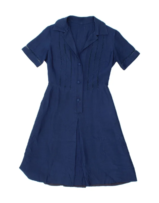 VINTAGE Womens Short Sleeves A-Line Dress UK 12 Medium Blue