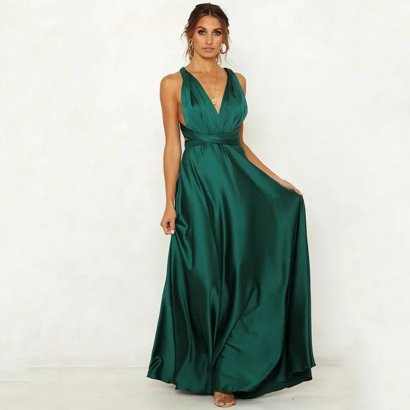 Summer Women Elegant Satin Evening Dresses Solid Fashion A-line V Neck High Waist Bandage Sexy Women's Luxury Long Slip Dress Summer Women Elegant Satin Evening Dresses Solid Fashion A-line V Neck High Waist Bandage Sexy Women's Luxury Long Slip Dress