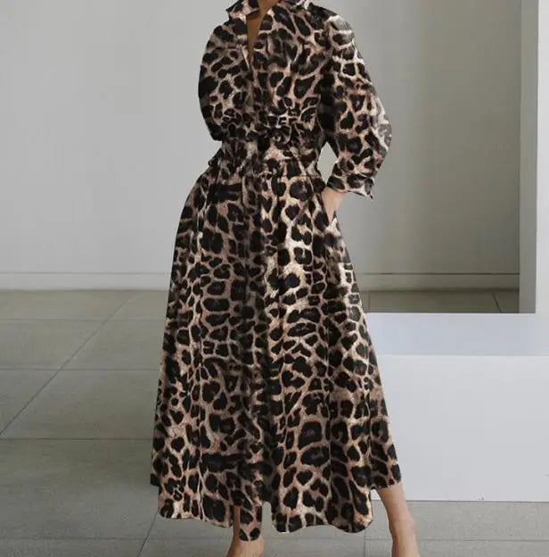 Temperament Summer Dresses for Women 2023 Fashion Leopard Print Long Sleeve Commuter Polo Large Swing long Elegant Dress Clothes Temperament Summer Dresses for Women 2023 Fashion Leopard Print Long Sleeve Commuter Polo Large Swing long Elegant Dress Clothes