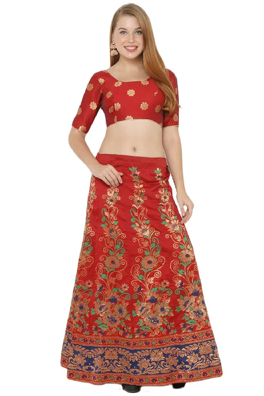 Art Silk Foil Print Lehenga Choli Dress Material In Red And Blue