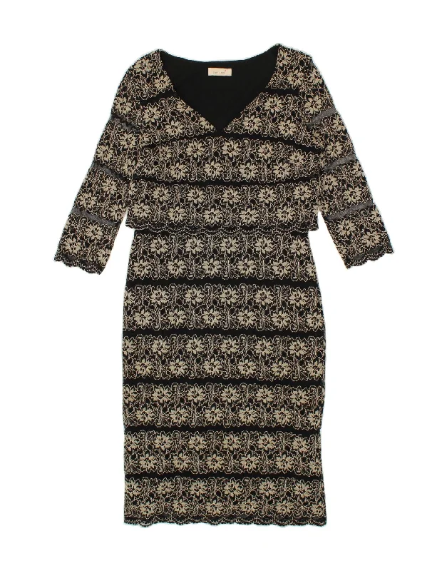 PER UNA Womens 3/4 Sleeve Sheath Dress UK 12 Medium Black Floral Polyamide