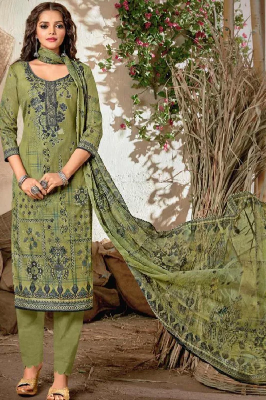 Blended Cotton Floral Print Suit Set Dress Material In Olive