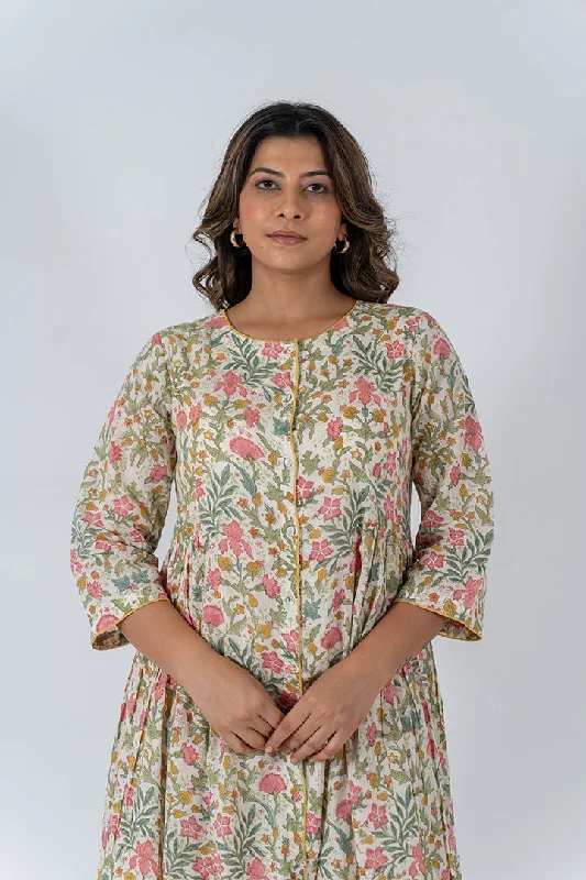 Cotton Hand Block Printed Dress- OffWhite