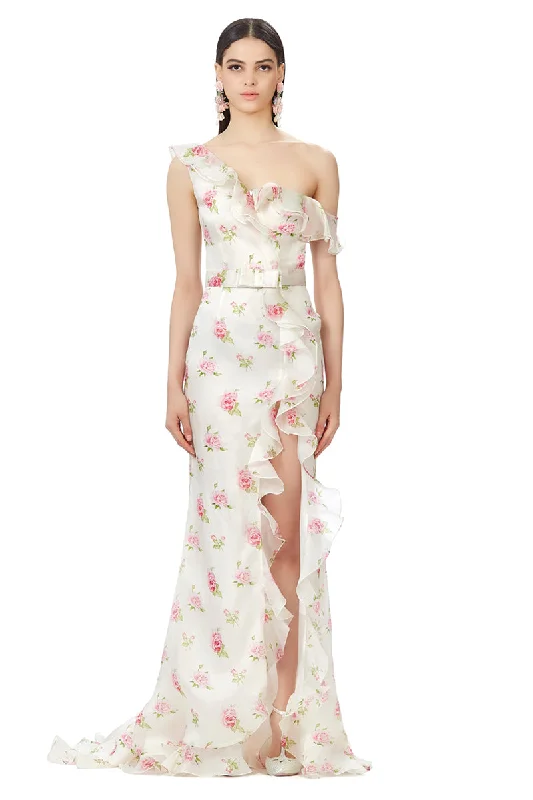 Rose Print Silk Gazar Asymmetrical Side Slit Dress