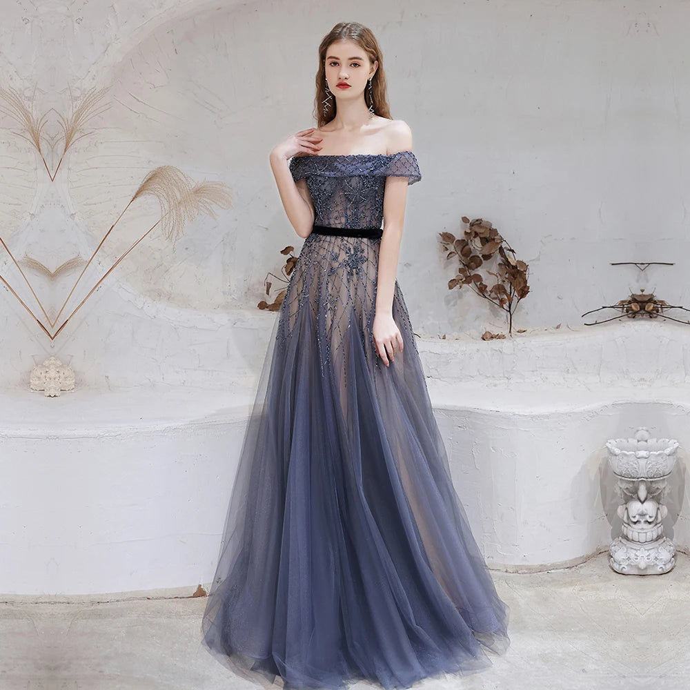 Dubai Dark Blue Evening Dresses Sexy Off Shoulder New Arrivals Luxury Beaded Beading Formal Gown for Women Dubai Dark Blue Evening Dresses Sexy Off Shoulder New Arrivals Luxury Beaded Beading Formal Gown for Women